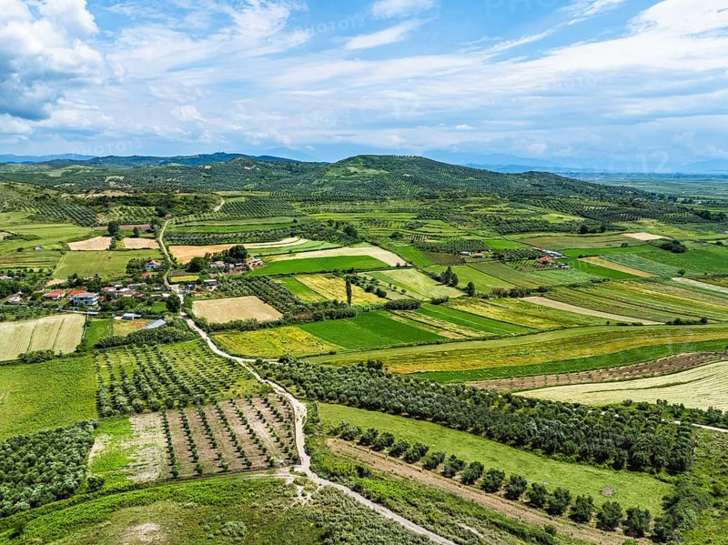 Fields over Apollonia Archaeological Park from a drone, Pojan, Albania, Europe
