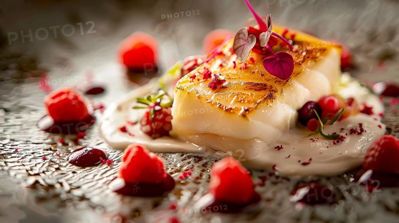Gourmet fish dish garnished with raspberries and microgreens, served on a bed of cream sauce, AI generated