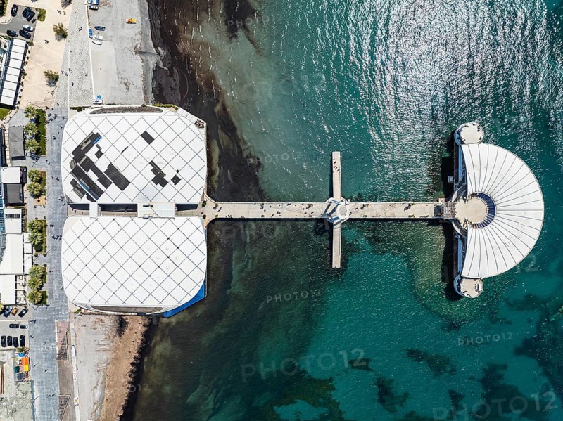Top Down over Pier in Durres from a drone, Adriatic Sea, Albania, Europe