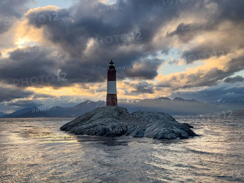 Lighthouse Faro Les Eclaireurs at sunset, dramatic clouds, Beagle Channel, Tierra del Fuego, Tierra del Fuego, Argentina, South America