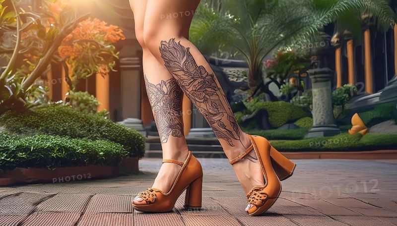Woman shows leg tattoos, wears orange high heels and stands in an exotic, green environment, AI generated, AI generated