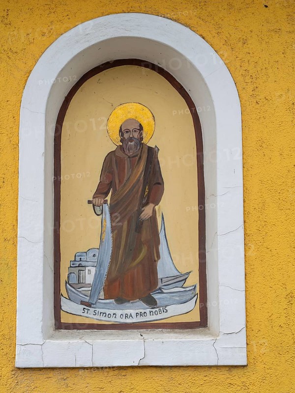 Image of a figure of a saint, fresco on a wayside cross, near St.Andrae-Hoech, Sausaler Weinland, Styria, Austria, Europe