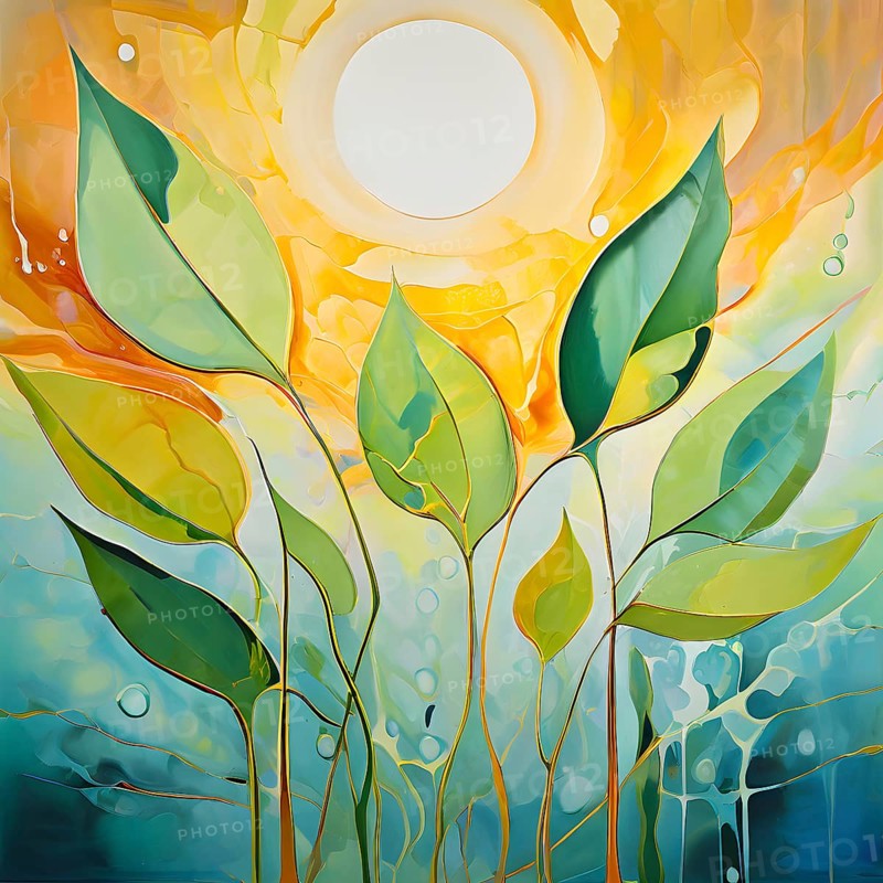 Abstract digital painting embodying sustainability with intertwining leaves glisten with water droplets, AI generated