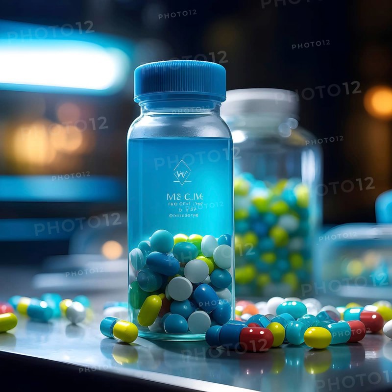 Glass bottle filled with assorted colored painkiller pills, AI generated