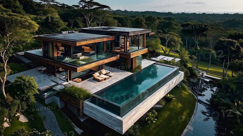 Luxurious wooden house with swimming pool reflecting the opulence of billionaires nestled in sumptuous surrounding, AI generated