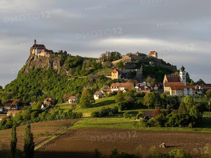 Farmland, Riegersburg Castle in the background, near Riegersburg, Styria, Austria, Europe