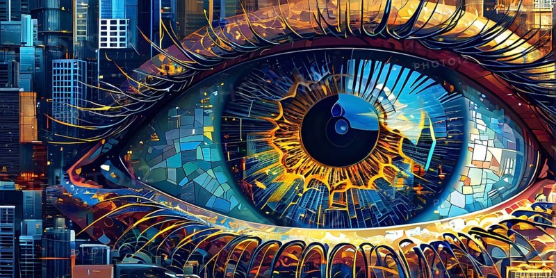 Illustration mosaic collage of an abstract detailed eye morphing into urban cityscape, AI generated