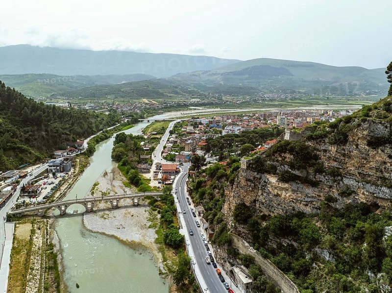 Berat from a drone, Osum River, Albania, Europe