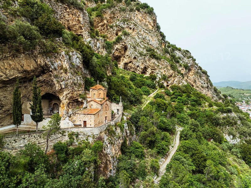 St . Michael's Church, Byzantine church in Berat from a drone, Osum River, Albania, Europe