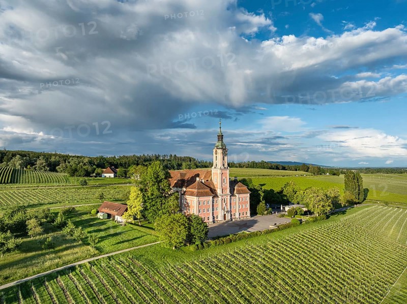 Aerial view of the pilgrimage church Birnau on Lake Constance, Uhldingen-Muehlhofen, Lake Constance district, Baden-Wuerttemberg, Germany, Europe