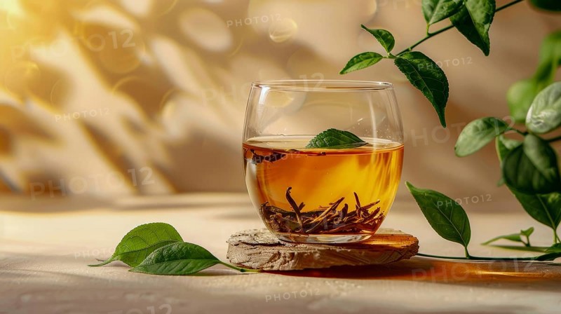 A glass cup of green tea with leaves on a wooden coaster, bathed in warm sunlight, AI generated