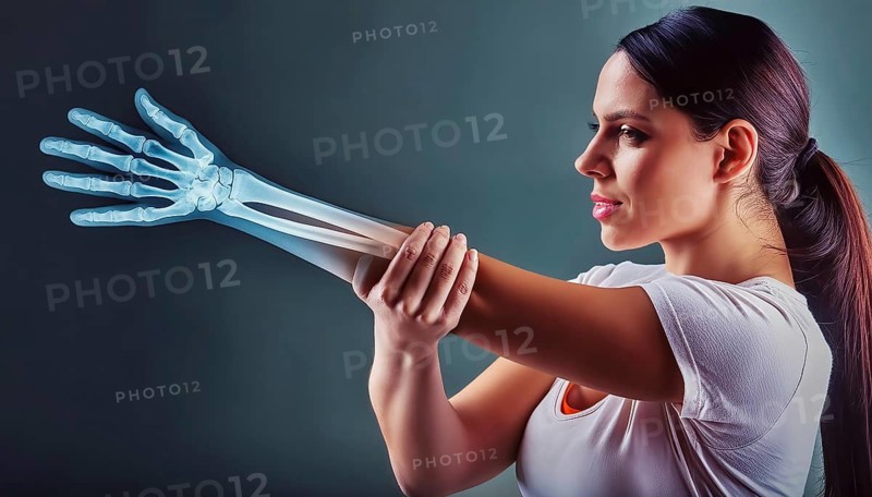 A woman holds her arm, shown in an X-ray image with visible bone structures, AI generated, AI generated