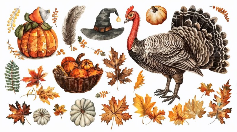 A turkey with assorted pumpkins, leaves, and a witch hat during fall season, AI generated