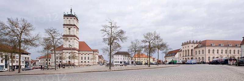 Panorama of the market square with town church, Neustrelitz, Mecklenburg-Vorpommern, Germany, Europe