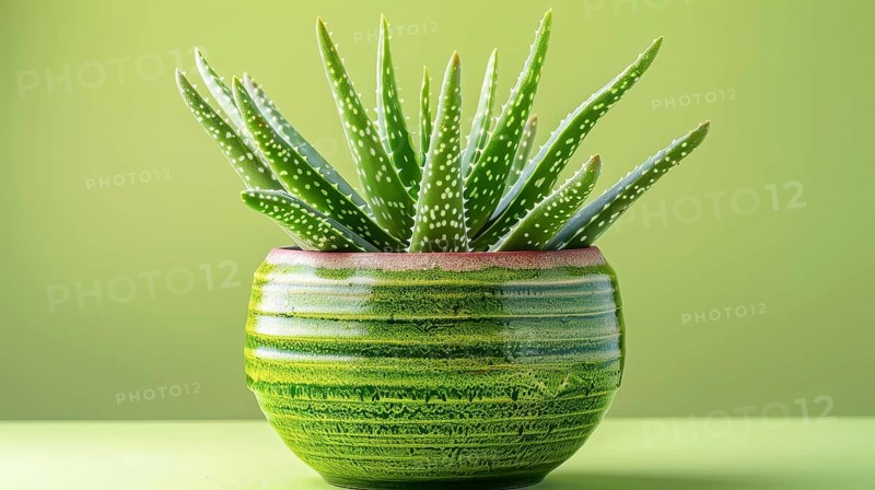Aloe vera plant in a green pot with a light green background, creating a fresh and calming atmosphere