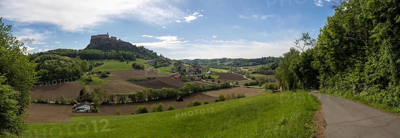Field path at the edge of the forest, meadows, fields, arable land, Riegersburg Castle in the background, panoramic view, near Riegersburg, Styria, Austria, Europe