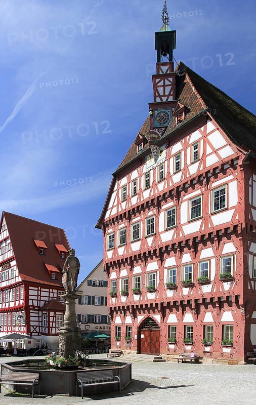 Town Hall and Gasthaus Krone on the market square, Markgroeningen, Baden-Wuerttemberg, Germany, Europe
