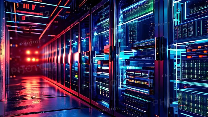 Server racks aligned in rows within a cloud computing data center background and data streams flowing, AI generated