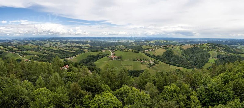 Hilly landscape, vineyards, panoramic view, view from the Demmerkogel lookout point, St. Andrae-Hoech, Sausal wine country, Styria, Austria, Europe