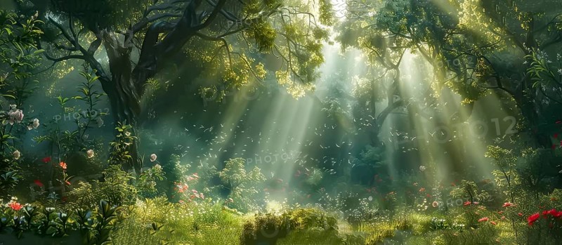 A vibrant, lush forest filled with blooming flowers and bathed in magical beams of sunlight filtering through the leafy canopy, AI generated