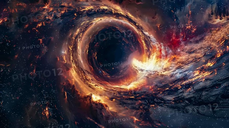 A fiery black hole swirling with orange and blue hues, surrounded by stars and a dark, mysterious space, AI generated
