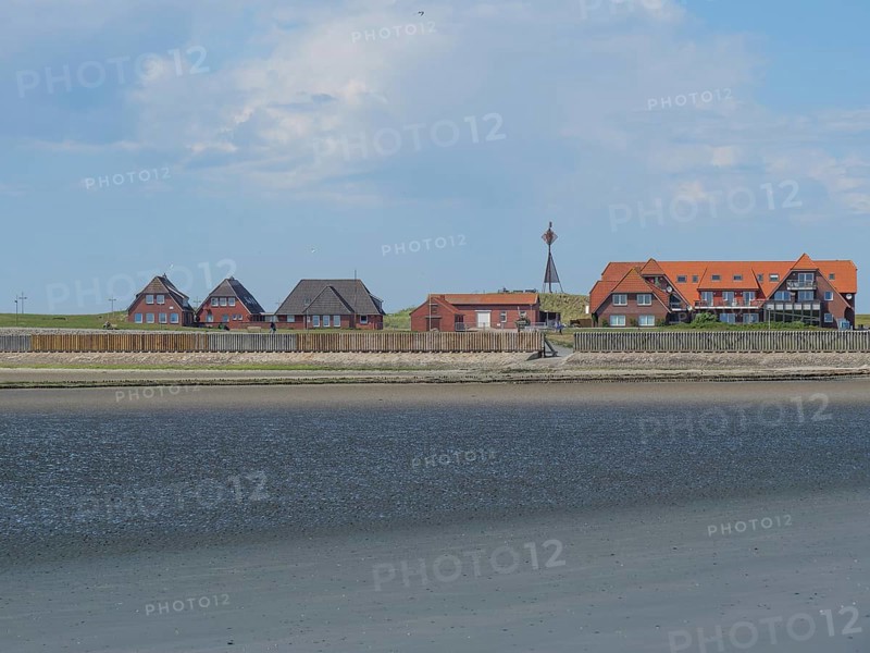 Coastal landscape with several houses along the beach and sea, under blue sky, Baltrum Germany