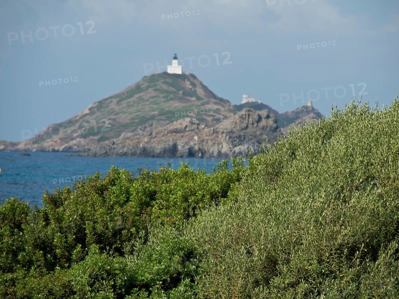 Lighthouse on a hilly, rocky cape overlooking the sea, Corsica, ajaccio, France, Europe