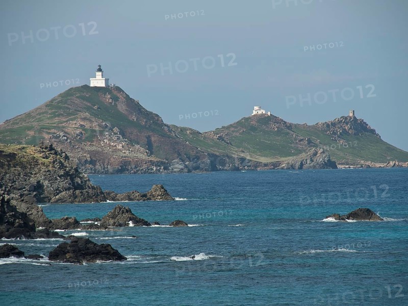 Coastal landscape with two islands and lighthouses, surrounded by rocks and sea, Corsica, Ajaccio, France, Europe