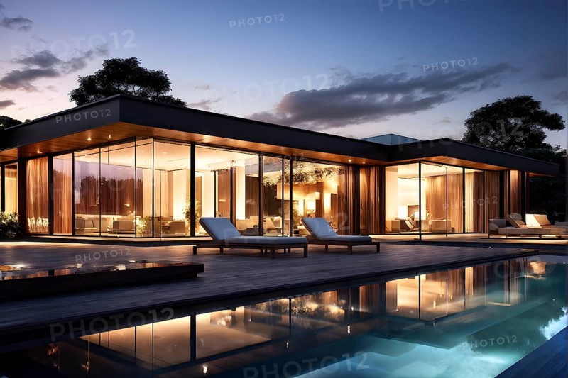 Luxurious wooden house with swimming pool reflecting the opulence of billionaires nestled in sumptuous surrounding, AI generated
