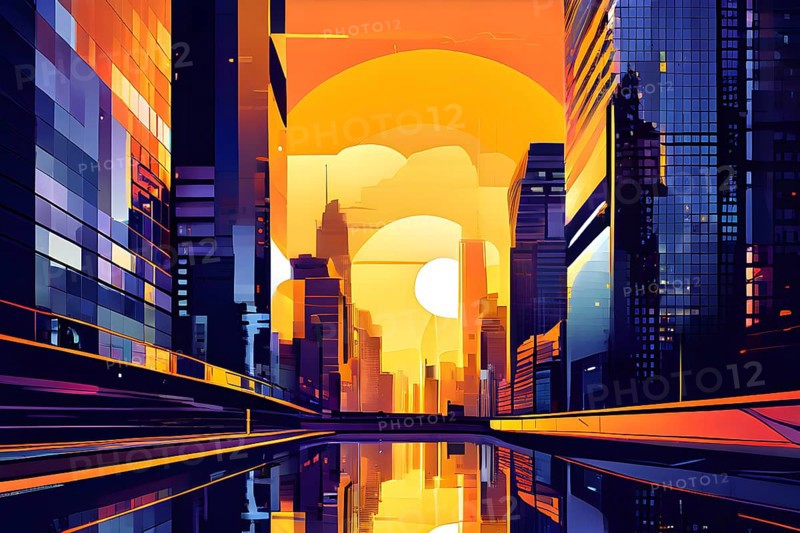 Urban cityscape collage featuring a mosaic of vibrant colors, AI generated