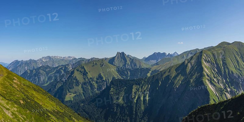 Panorama from Wildengundkopf, 2238m to Hoefats 2259m, Allgaeu Alps, Allgaeu, Bavaria, Germany, Europe
