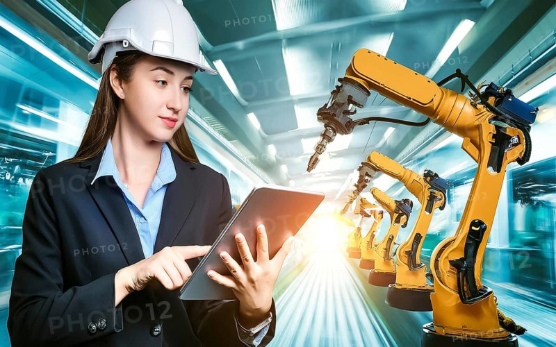 Industrial engineer with tablet control, automation of robotic arms, intelligent monitoring, AI generated, AI generated