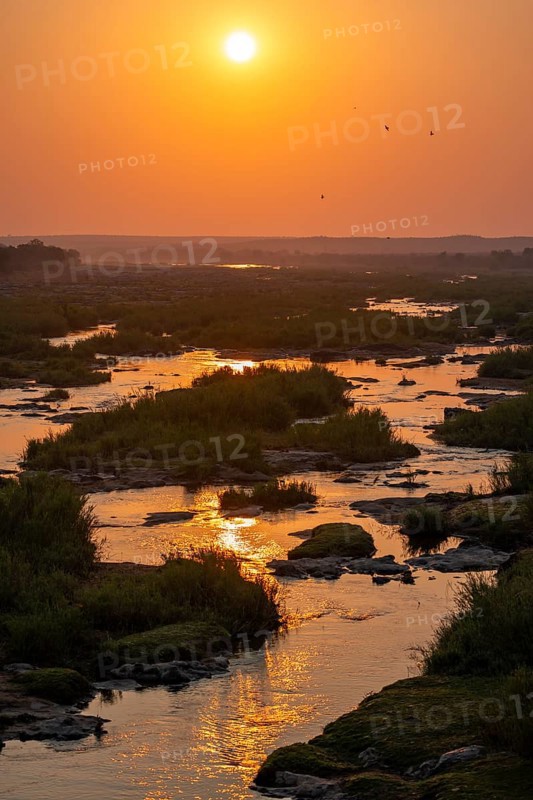 Sunset at the Olifants River, African savannah, Kruger National Park, South Africa, Africa