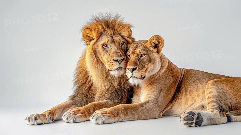 Male and female lions lying together, portraying strength, intimacy, and companionship, AI generated