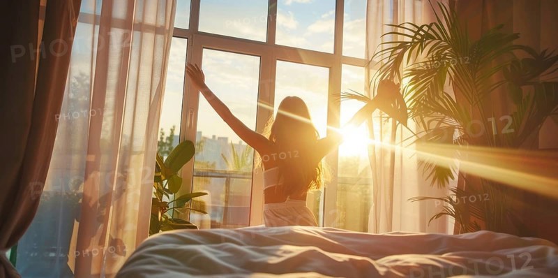A woman is in bed, smiling and stretching her arms after waking up at sunrise early morning, AI generated