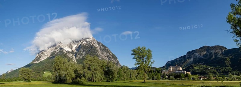 Grimming mountain range, Trautenfels Castle in the morning light, panoramic view, near Irdning, Styria, Austria, Europe