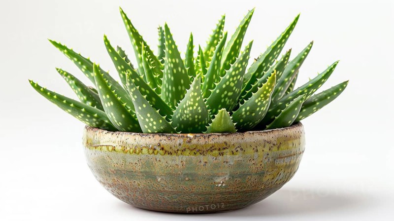 Aloe vera plant in a rustic pot against a white background, giving a clean and natural look