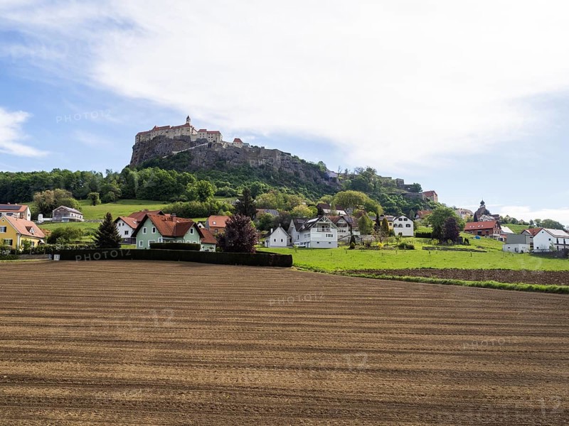 Farmland, Riegersburg Castle in the background, near Riegersburg, Styria, Austria, Europe