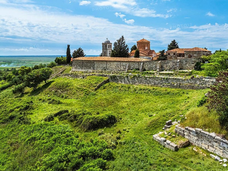 Apollonia Archaeological Park from a drone, Pojan, Albania, Europe