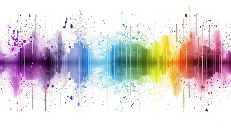 Abstract sound wave with rainbow colors and paint splatters on a white background, AI generated