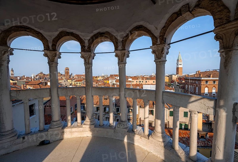 View of houses in Venice with campanile from the tower of Palazzo Contarini del Bovolo, palace with spiral staircase, Venice, Veneto, Italy, Europe