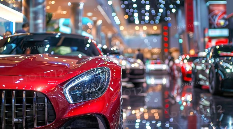 New luxury car models on display at car salon for buyers to buy and test drive, AI generated