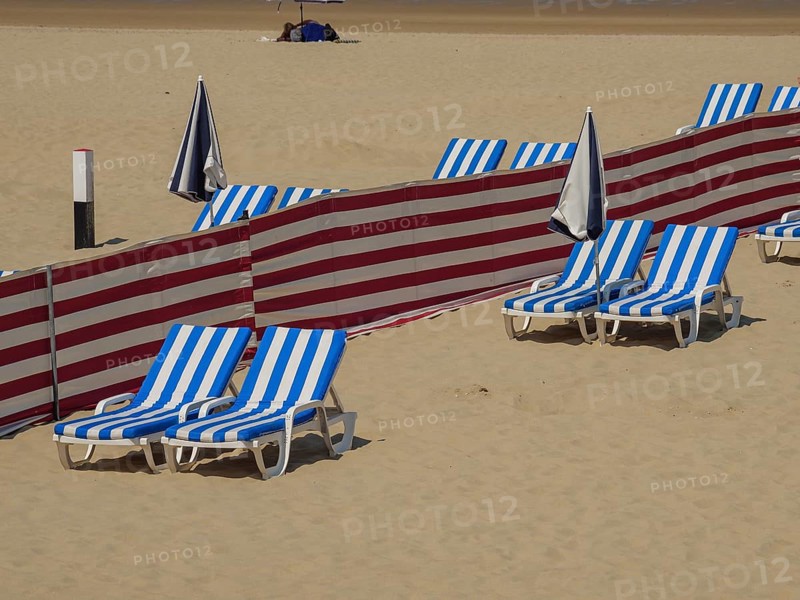 Beach where blue and white striped deckchairs, parasols and red partitions are arranged in rows, colourful beach loungers by the sea with blue sky, de haan, belgium