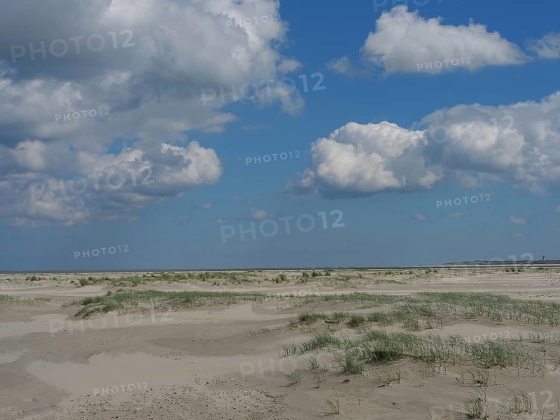 Open coastal landscape with sandy beach and a sky full of clouds over the sea, Baltrum Germany
