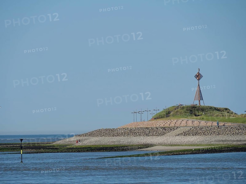Dune landscape with metal structure and sea in the background, Baltrum Germany