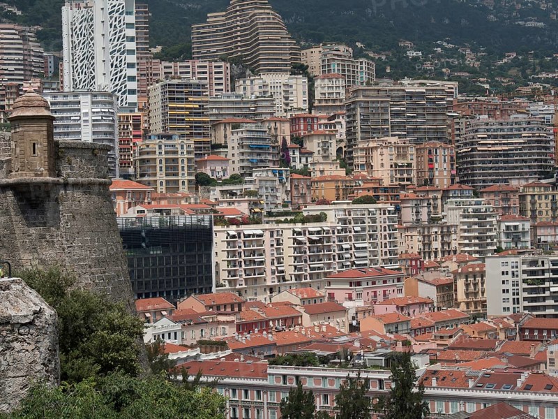Dense urban development with many apartment blocks and high-rise buildings, Monte Carlo, Monaco, Europe