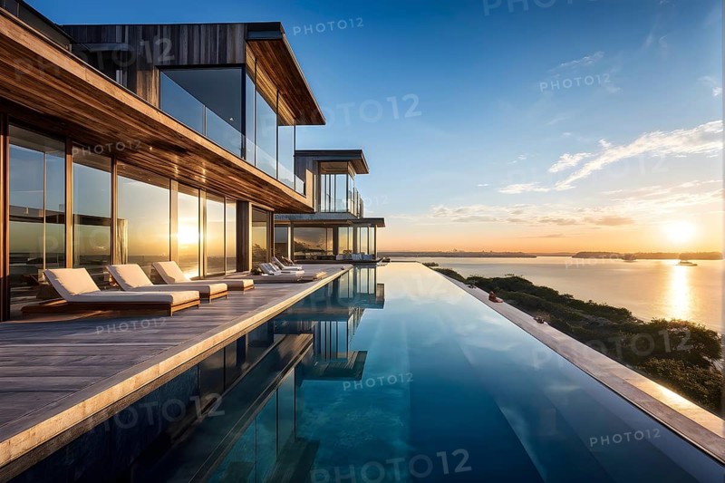 Luxurious wooden house with swimming pool reflecting the opulence of billionaires nestled in sumptuous surrounding, AI generated