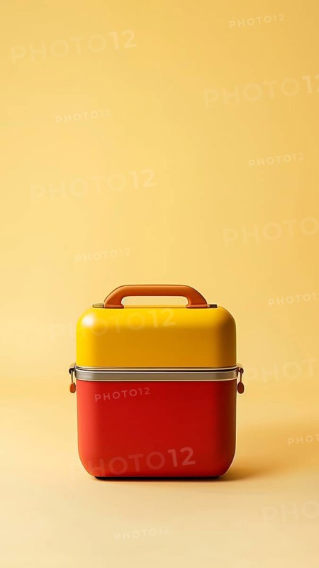 A red and yellow portable cooler over yellow background. Vertical shot, AI generated