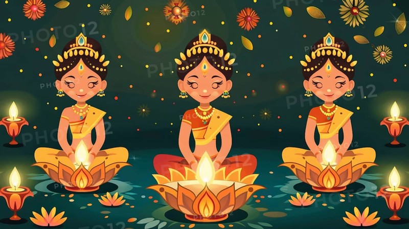 Three women in traditional attire with oil lamps in a festive, flower-filled nighttime setting, AI generated