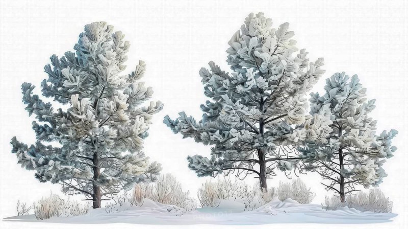 Snow-covered pine trees in a calm winter landscape, evoking a peaceful and cold mood in watercolor style, AI generated